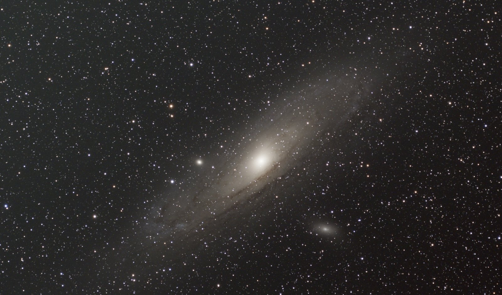 The Andromeda Galaxy as stacked by the Seestar app: a soft grey oval