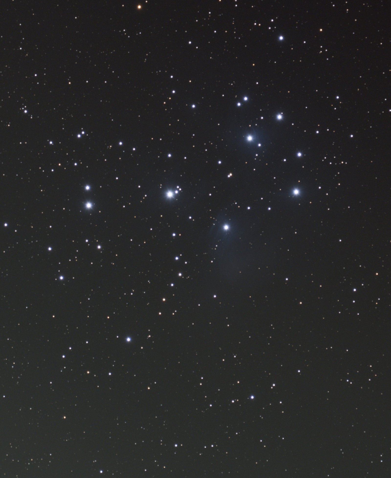 The Pleiades from the Seestar app: bright stars on grey, almost no nebula